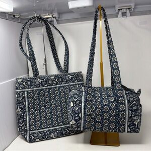 VTG Vera Bradley Indigo 1997 Tote & Mini Duffel Bag Set Blue Paisley Quilted Lot